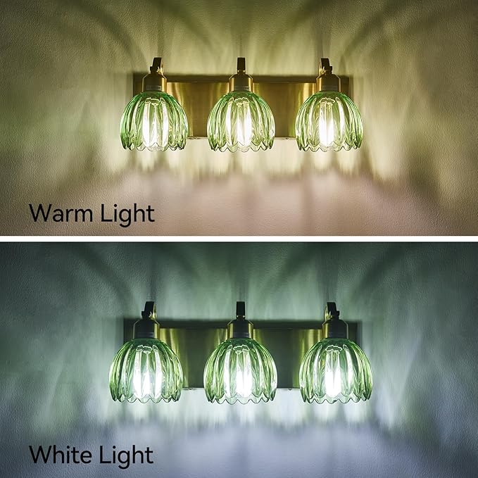 3-Light Vanity Lights with Green Tulip Glass Shade, Gold Bathroom Lighting Fixture Over Mirror, Vintage Vanity Wall Sconce Lamp for Kitchen Living Room Hallway