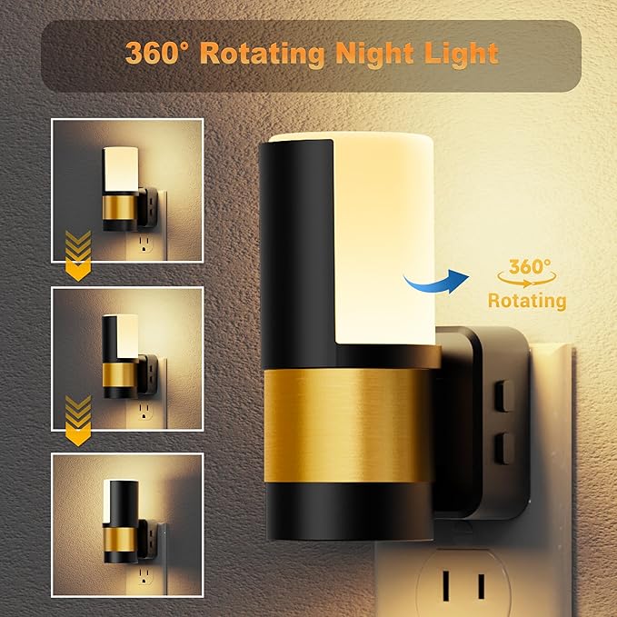 JandCase Plug in Night Light, Rotating Night Light with 3 Colors, 3000K/5000K/Amber, Dimmable Night Lights with Dusk to Dawn Sensor, 360°Rotatable, LED Nightlight for Bathroom Bedroom Hallway, 2 Pack