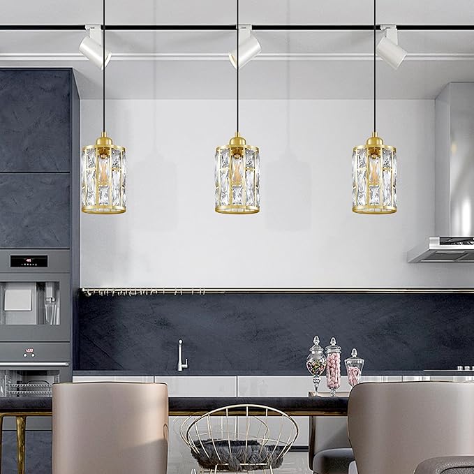 2 Pack 1 Light 5.4" Crystal Shade Hanging Kitchen Island Pendant Light Gold Finish,Modern Pendant Fixture with Crystal Metal Shade for Bar,Dining Room,Living Room Over Sink