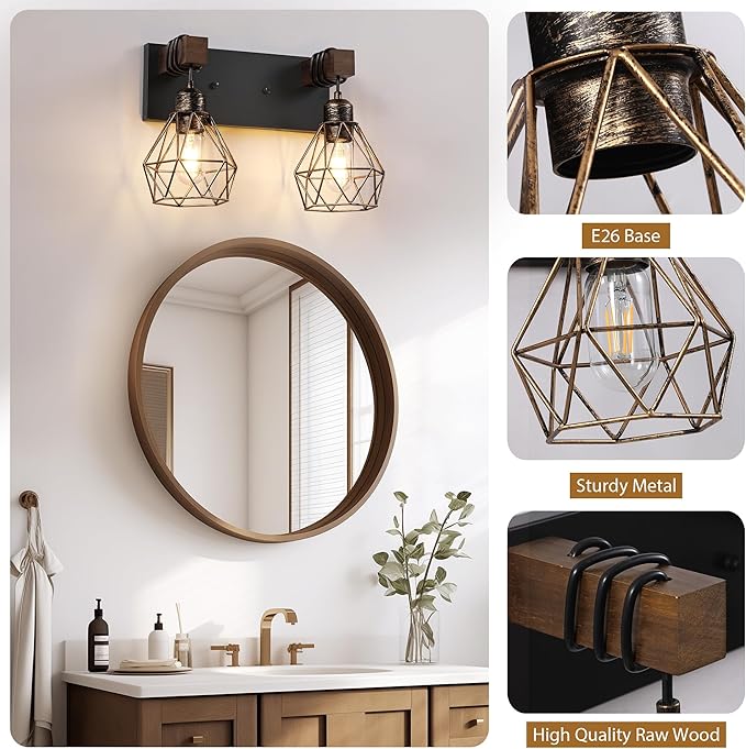 Farmhouse Vanity Light for Bathroom, 2-Light Black Gold Wood Bathroom Vanity Light Fixtures Over Mirror, Rustic Sconces Wall Lighting with Metal Lampshade for Living Room, Bedroom, Hallway