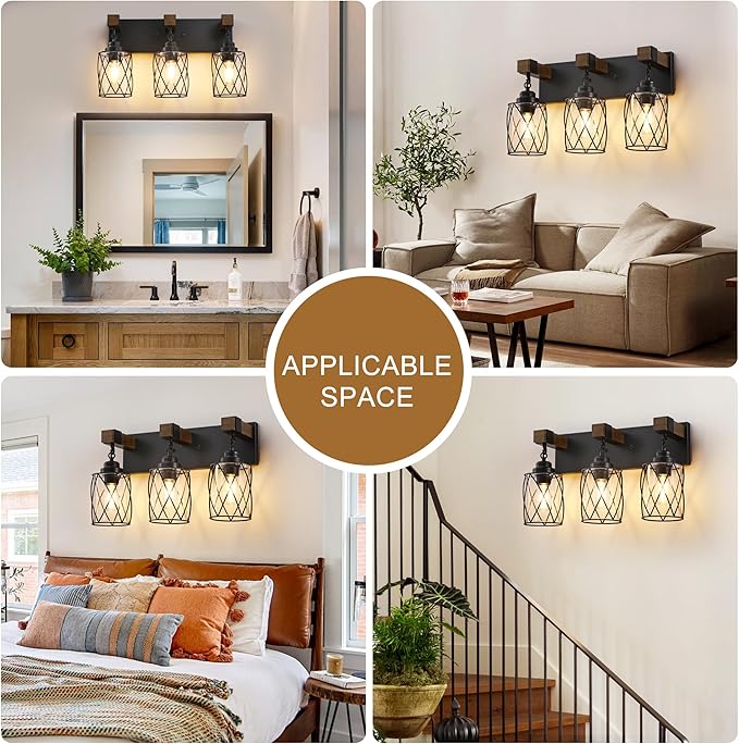 Farmhouse Bathroom Light Fixtures, 3 Light Bathroom Vanity Light with Metal and Glass Lampshade, Wood Rustic Lighting Fixtures Over Mirror, Black Wall Sconces for Living Room, Bedroom