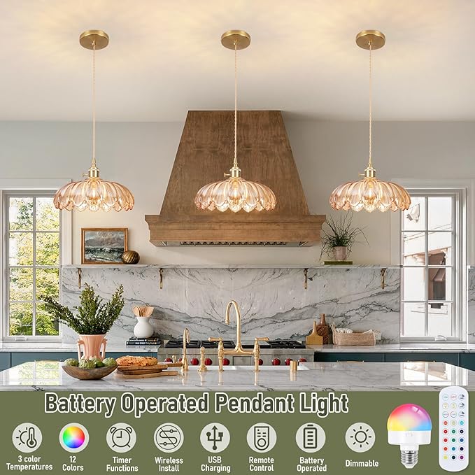 Battery Operated Pendant Light,Vintage Light Fixtures 2500mAh 9.8in RGB Light Bulb with Remote Control Wireless Adjustable Rechargeable Chandelier for Kitchen Island Hallway 1Light