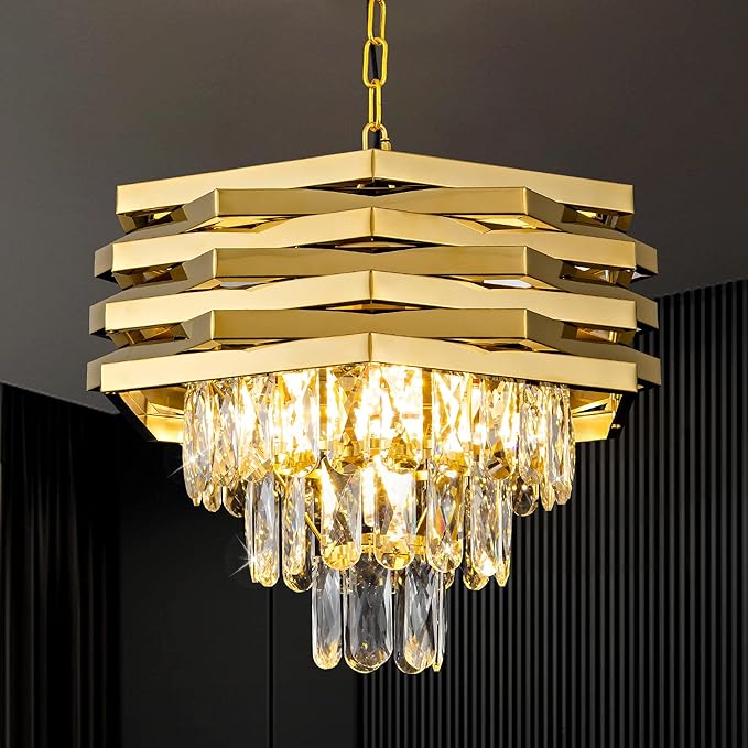 Gold Crystal Chandelier 5-Lights 15.75" Modern Crystal Pendant Light 3-Tier Luxury K9 Hanging Dining Room Lighting Fixtures for Bedroom Living Room Office Hallway Foyer Entryway Kitchen Sink