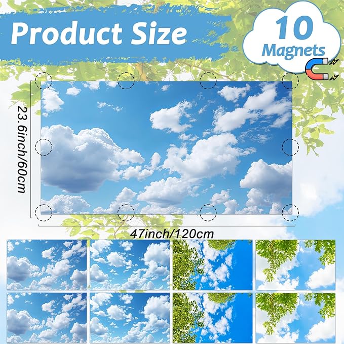 8 Pcs Fluorescent Light Covers with 80 Magnets Decorative for Classroom Ceiling Light 4 x 2 Ft Magnetic Lights Covers Filter Easy Install for Office Hospitals & Home Drop Ceiling Supplies (Trees Sky )