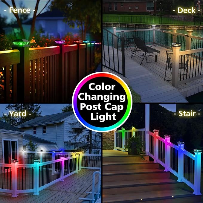T-SUN Solar Post Cap Lights 6 Pack – Outdoor Waterproof RGB Color Changing Light for 3.5x3.5 4x4 5x5 5.5x5.5 Wood/Vinyl Fence Posts, Solar Deck Lights for Patio, Garden, Porch