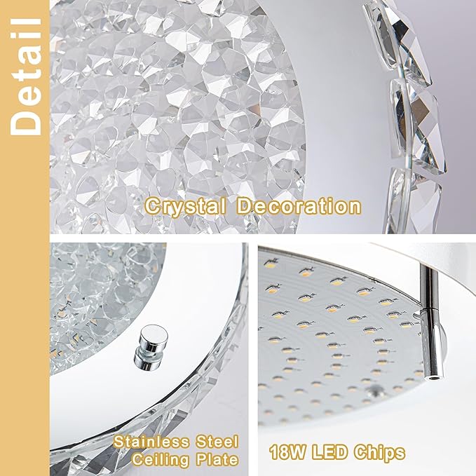 Flush Mount Ceiling Light LED Crystal Ceiling Light Fixture Modern 13 Inch Kitchen Lighting Fixtures Ceiling for Bedroom, Hallway, Porch, Dimmable and 3 Color Change