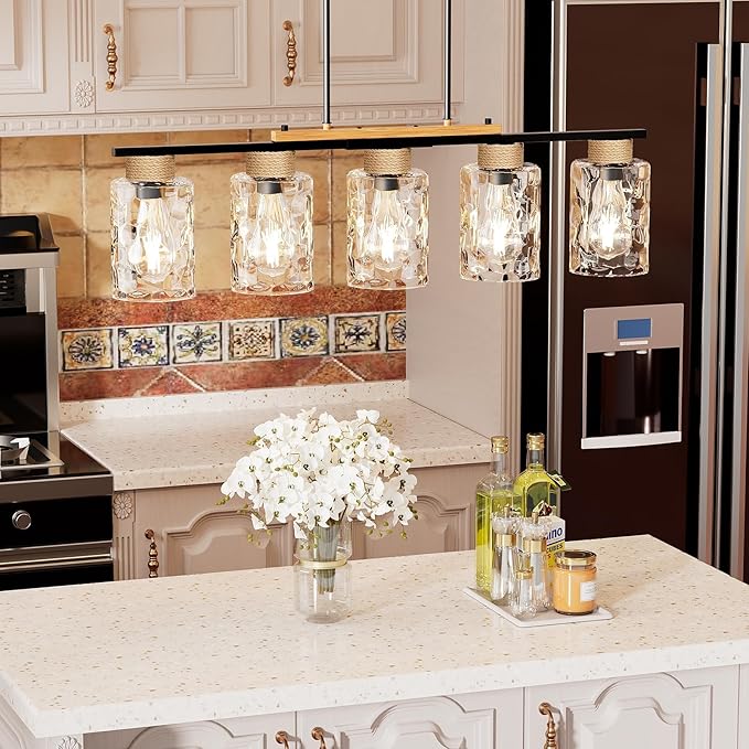 Island Light, Up-Grade Thickened Clear Glass 5-Light Dining Room Light Fixture with Adjustable Height, Farmhouse Linear Chandelier Over Table Kitchen Black Rustic Wood Ceiling Pendant Light Fixtures