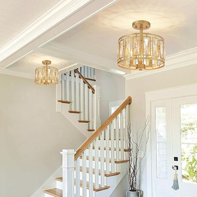 Gold Semi Flush Mount Ceiling Light, 3-Light Modern Brass Ceiling Fixture with K9 Crystals, Bedroom Light Fixture, Semi Flush Mount Ceiling Lights
