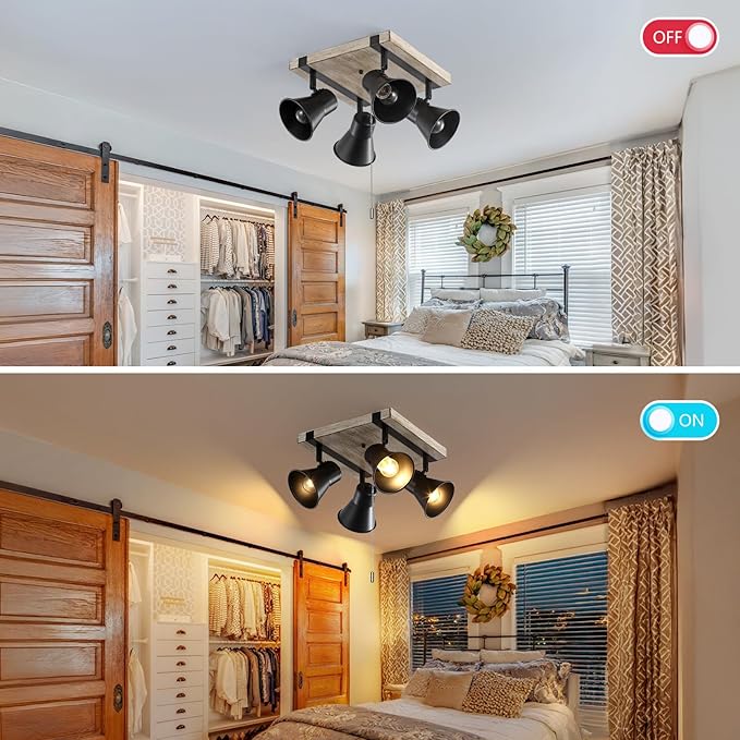 KEESFU 4 Light Kitchen Lighting Fixtures Ceiling Pull Chain Light,Farmhouse Flush Mount Ceiling Light with Rotatable Head,Rustic Light Fixtures for Dining Room Bedroom Hallway.