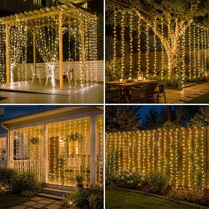 2 Packs LED Curtain String Lights 8FT * 7FT Plug in Waterproof Window Fairy Lights with 210 LEDs, Twinkle Indoor String Light for Bedroom Wedding Party Outdoor Christmas Decor, Warm White