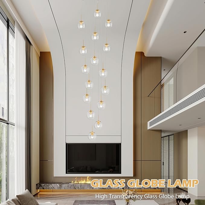 KoKo&Yukina 16-Light Gold Mid Century Modern Chandelier for Living Room Staircase Chandelier for Entryway Clear Globe Glass Chandelier High Ceiling Chandeliers Foyer Entryway (Bulb & Remote Incl.)