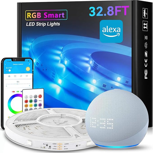 TJOY 32.8FT Smart Led Strip Lights for Bedroom, Compatible with Alexa and Google Assistant, RGB Color Changing, Wireless Music Sync Led Lights for Room Decor(APP+Remote+Voice)