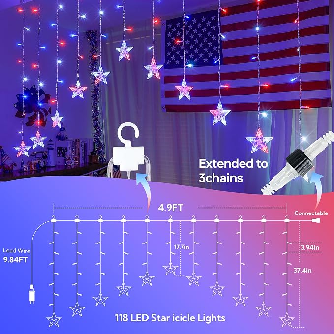 4th of July Patriotic Star Icicle Lights,red White and Blue Curtain String,11.5ft 118LED Waterproof 8 Modes with Timer Connectable Independence Day Decorations Window Lights for Outdoor Indoor