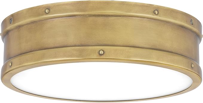 Quoizel Ahoy 12.75" Flush Mount Drum Light, Weathered Brass, Damp Location Rated, Integrated LED 1700 Lumens, Dimmable