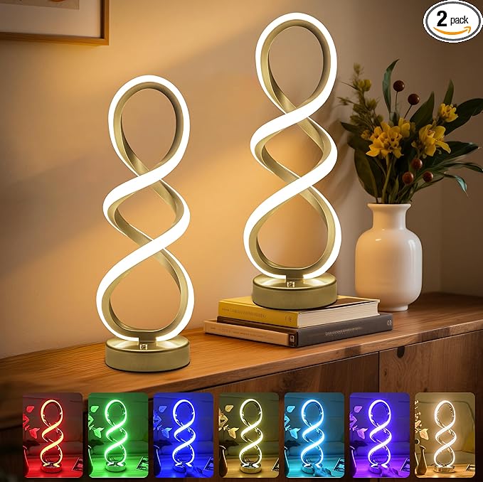 Modern Table Lamp, 7 Colors 10 Light Modes Spiral Design Table Lamp, Touch Dimmable Nightstand Lamp, Unique Bedside Lamp for Living Room, Bedroom, Cool Lamps, Gold, 2 Pack