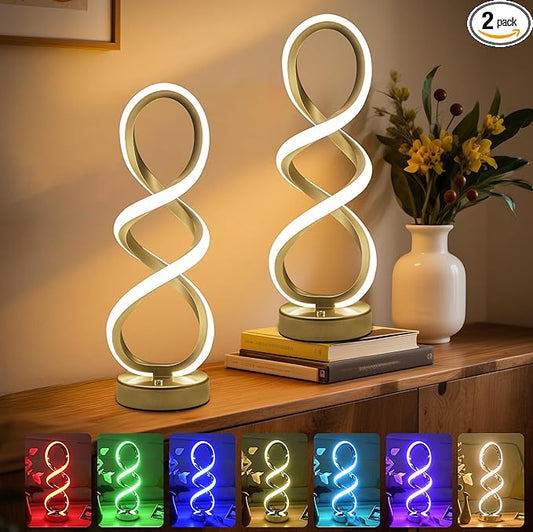 Modern Table Lamp, 7 Colors 10 Light Modes Spiral Design Table Lamp, Touch Dimmable Nightstand Lamp, Unique Bedside Lamp for Living Room, Bedroom, Cool Lamps, Gold, 2 Pack