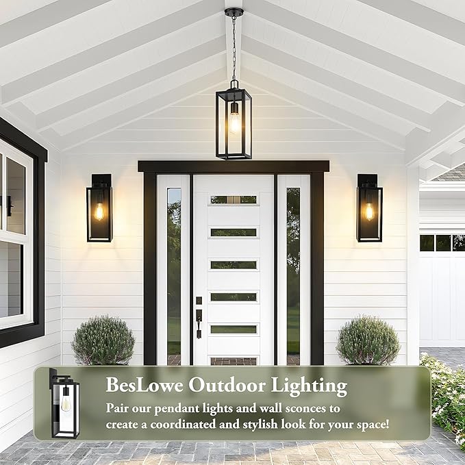 BesLowe 1-Pack Outdoor Pendant Light, 15” Modern Hanging Lantern Light for Outside, Black Exterior Pendant Lighting Fixture with Adjustable Chain, Outdoor Chandelier for Porch, Gazebo, Front Door