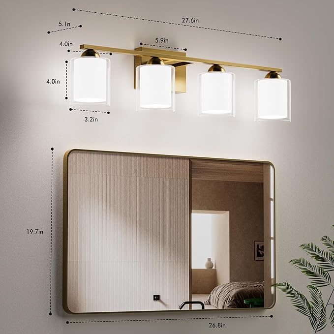 Quntis Gold Bathroom Light Fixtures, 4 Light Modern Vanity Lights Over Mirror, 5 Colors & Stepless Dimmable LED Bathroom Lighting with Milk White Frosted Glass, 27 Inch (Bulbs Included)