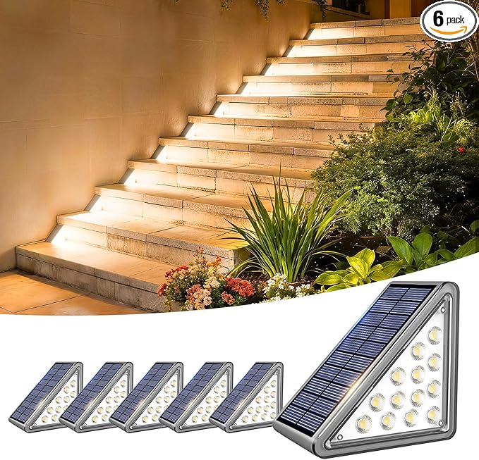 JEJOT Solar Step Lights Outdoor Waterproof IP65,Warm White Solar Stair Lights, Outdoor Light Decor for Stair, Deck, Step, Porch and Outside Patio, 6 Pack