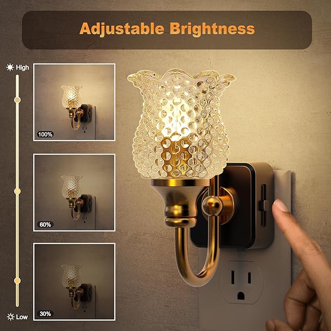 JandCase Night Light, 2 Pack Glass Night Lights Plug into Wall, Dimmble Floral LED Nightlight, 0-100 LM Flower Nightlights, Dusk to Dawn Sensor, 1W Vintage Nite Light for Bathroom Gift Vanity Decor