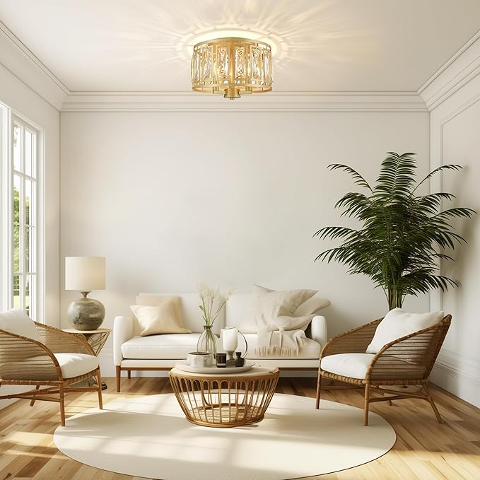 Crystal Flush Mount Ceiling Light, Gold Hallway Lights Ceiling Mounted Small Flush Chandelier for Bedroom Foyer