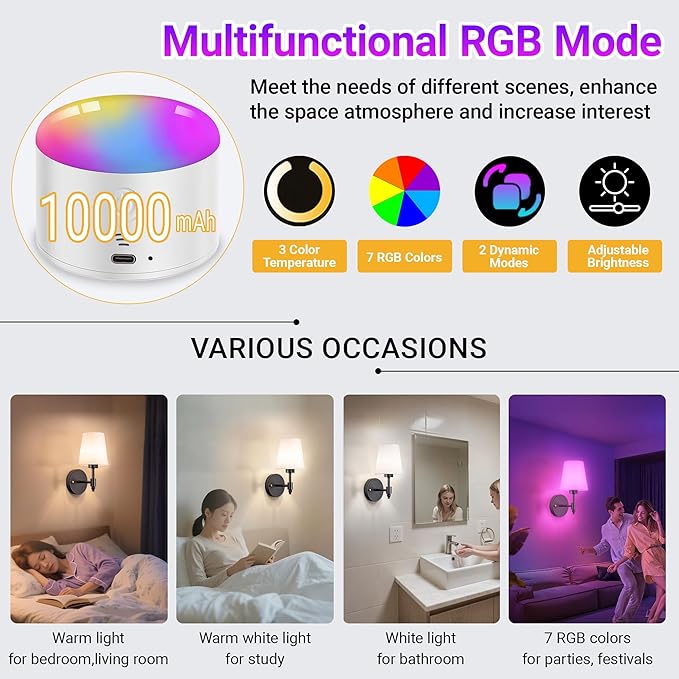 YHCDLAMP Battery Operated Wall Sconces Set of Two, Rechargeable Wireless Wall Lights with 10000mAh RGB Dimmable Detachable Bulb, Battery Sconces Wall Decor with Remote for Bedroom Living Room Hallway