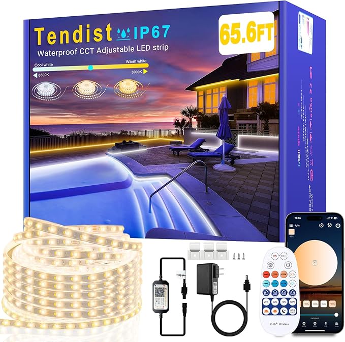 65.6FT Outdoor LED Strip Lights Waterproof IP67, Dimmable 3000K-6500K Warm White LED Rope Lights Outdoor Waterproof with Remote & APP, 24v Adhesive Exterior Lighting for Patio, Deck, Gazebo