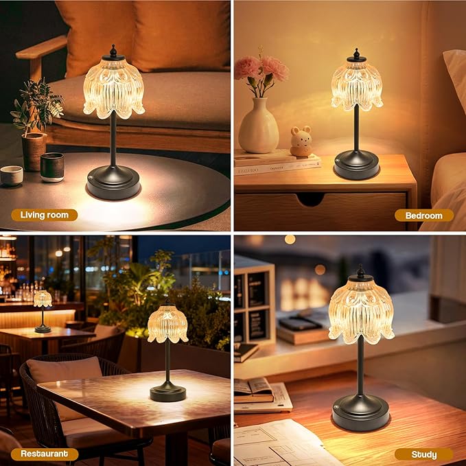 Cordless Lotus Flower Table Lamp, 5200mAh Rechargeable Battery Operated Portable Lamp, 3-Color Dimmable Touch Control Small Desk Lamp for Bedroom, Office, Kitchen, Nightstand,Room Decor(Amber-2)