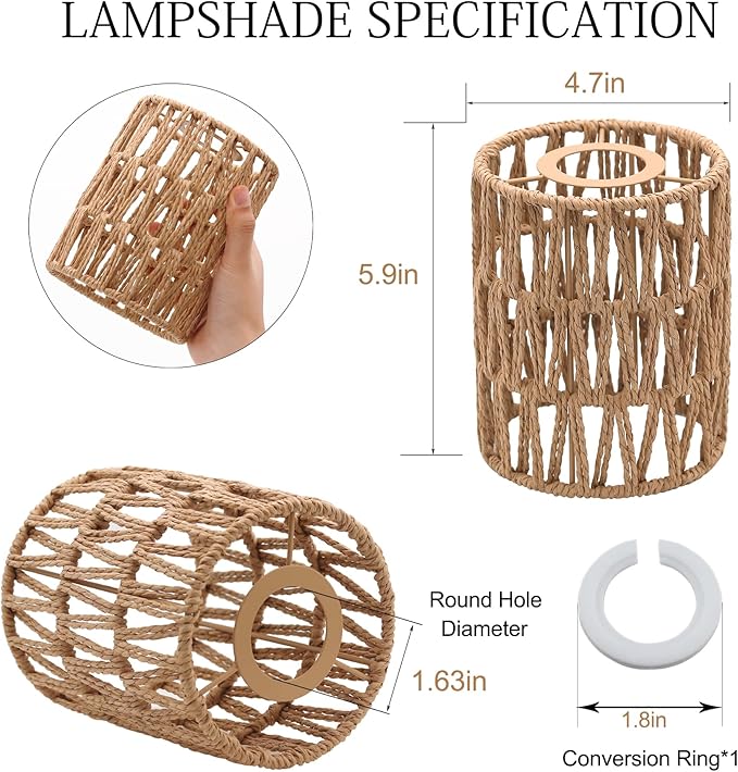 1-Pack Boho Rattan Lamp Shades, 5.9" H x 4.7" D Woven Small Shade Replacement, 3-Tier 1.62in Fitter Farmhouse Pendant Light Cover for Chandelier Floor Wall Lamp(Brown)