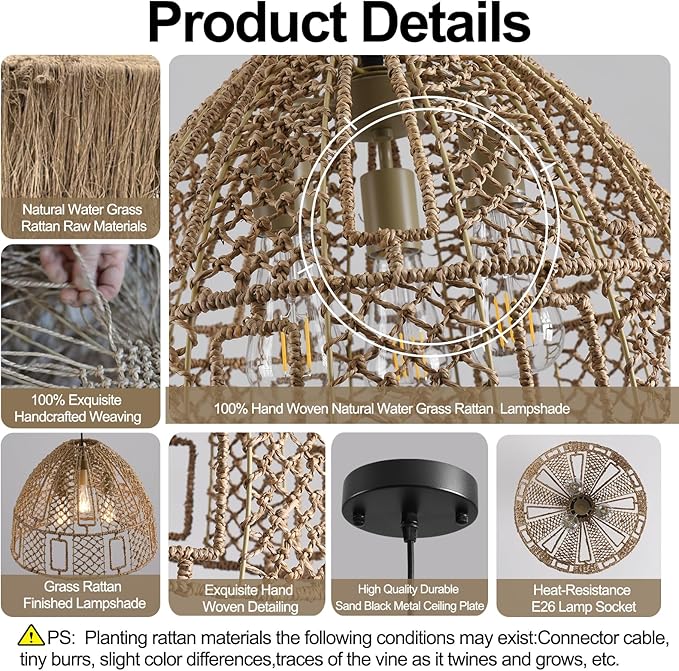 17.71" Rattan Pendant Light,Boho Hand Woven Wicker Hanging Light Seagrass Rattan Chandelier for Dining Living Bedroom