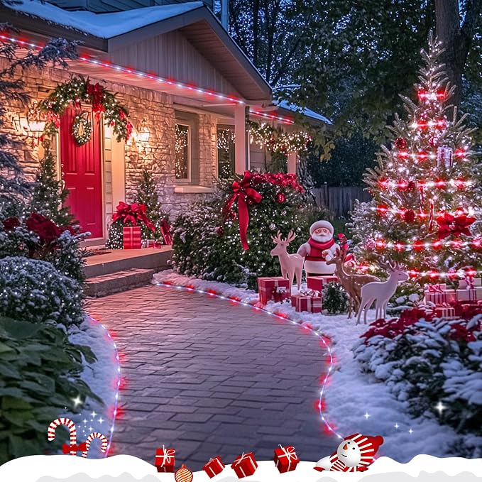 JMEXSUSS 200 LED Solar Rope Lights, 72ft IP 65 Outdoor Waterproof Christmas Lights With 8 Modes, Red and White for Fence Yard Walkway