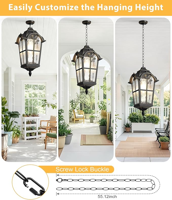 18" Outdoor Pendant Light Dusk to Dawn for Porch, Anti-Rust Aluminum Chandelier, Waterproof Exterior Hanging Lighting Fixture with Ripple Glass for Gazebo, Black with Golden Edge