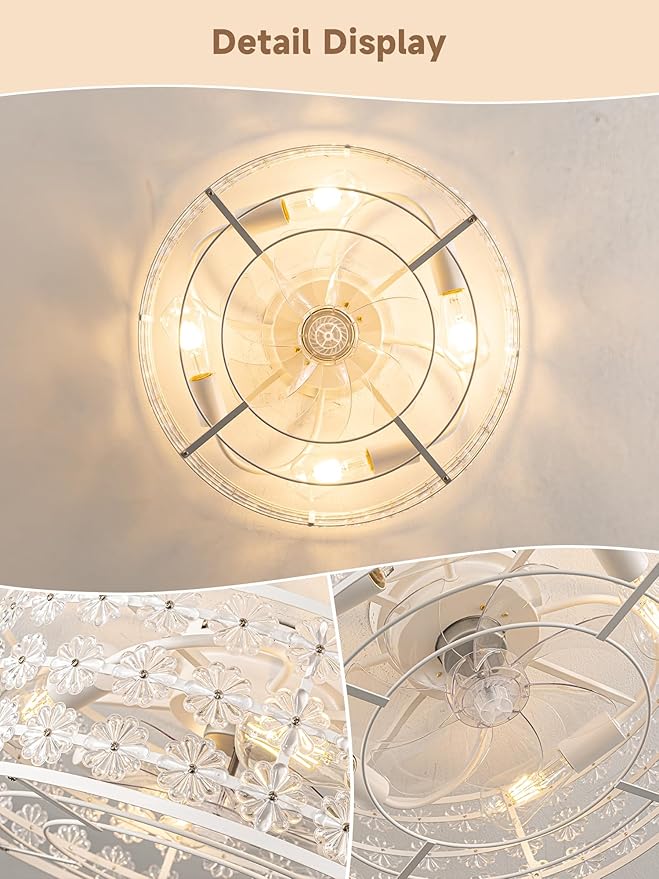 White Caged Ceiling Fan with Light and Remote, Modern Romantic Flower Crystal Ceiling Fans with Lights, Flush Mount Low Profile Fandelier, 6-Speed Reversible for Bedroom,Dining Room,Girls Room,Nursery