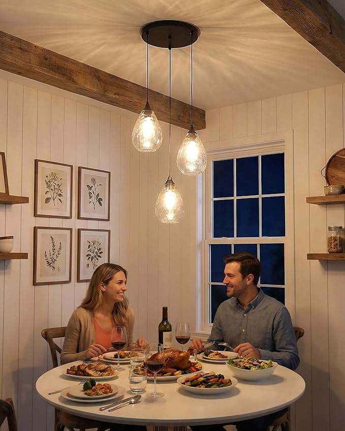 Black 3-Light Pendant Lighting, Modern Dining Room Light Fixture Over Table with Hammered Glass, Cluster Hanging Lights for Kitchen Island Dining Room