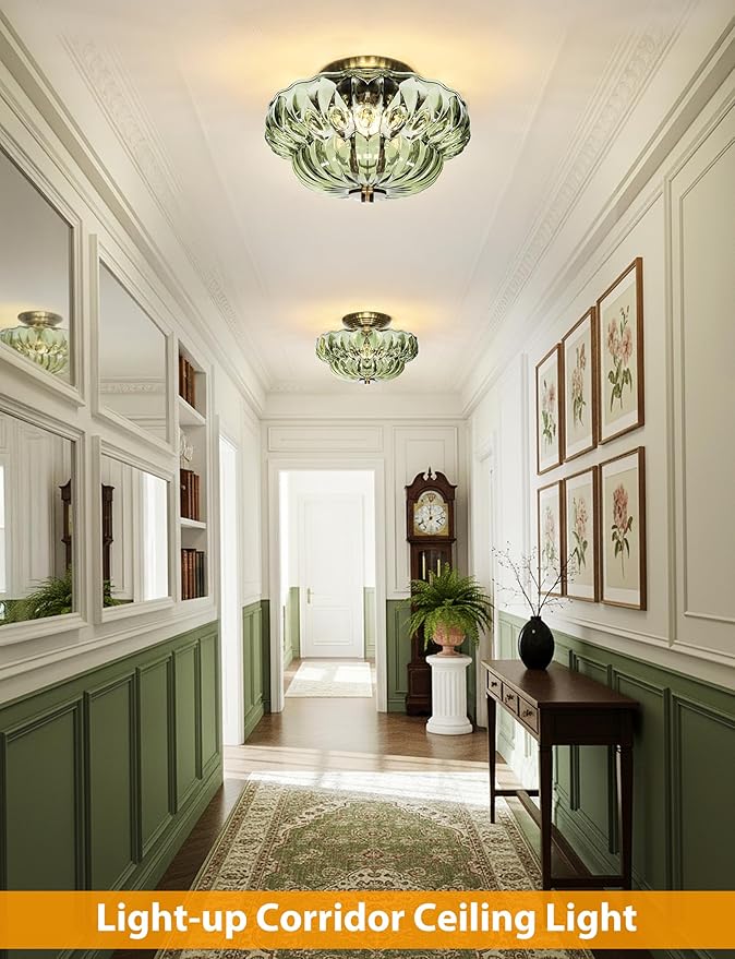Semi Flush Mount Ceiling Light,11IN Vintage Gold Hallway Lights Fixture,3-Bulb Globe Green Glass Close to Ceiling Light for Bathroom, Hallway, Dining Room,Bulb Not Included