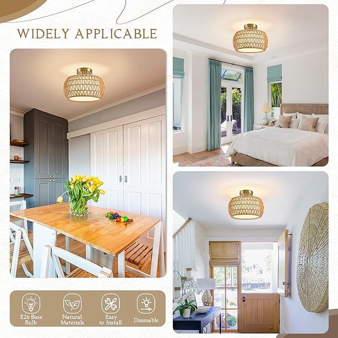 12.6 inch Natural Rattan Ceiling Light Fixture Hand-Woven Rattan Chandelier Boho Ceiling Light Fabric Shade Boho Chandelier for Kitchen Dinning Room (Bulb Incl.)
