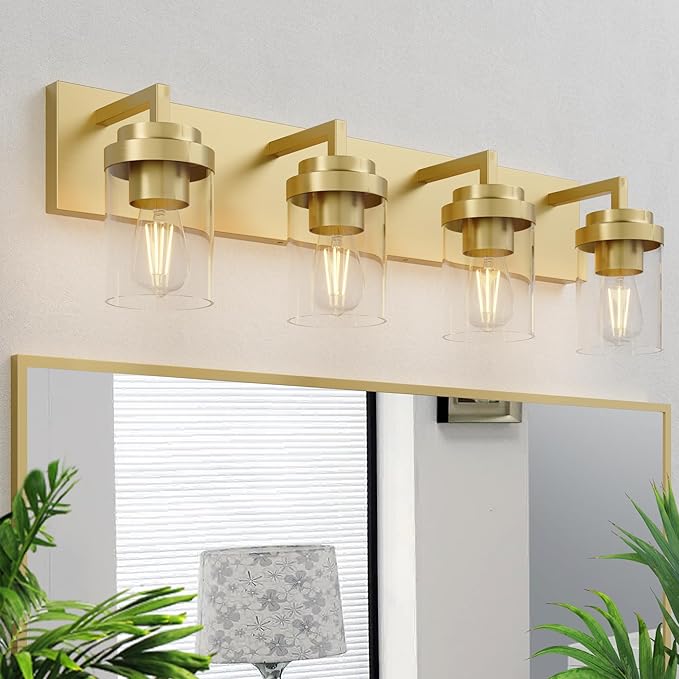 Espird Bathroom Lighting Fixtures, 4-Light Bathroom Vanity Lights Over Mirror, Brass Vanity Light with Glass Shade, Modern Vanity Lighting Fixtures for Bedroom, Hallway