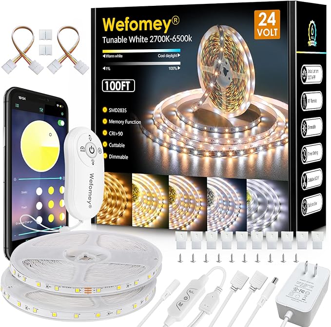 Wefomey White LED Strip Lights, 100ft Dimmable Bright 24V Led Tape Light with Remote and App Control, 2700K-6500K White 1800 LEDs Lights for Bedroom, Kitchen, Ceiling (2 Rolls of 50ft)