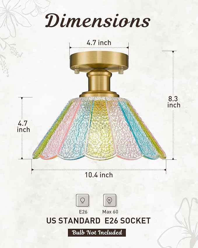 Semi Flush Mount Ceiling Light, HWH Modern Light Fixtures Ceiling Mount with Colored Floral Glass, 10 Inch Kitchen Ceiling Light Fixture for Bedroom Kitchen Foyer, Gold Finish, 5HJX110F BG-C