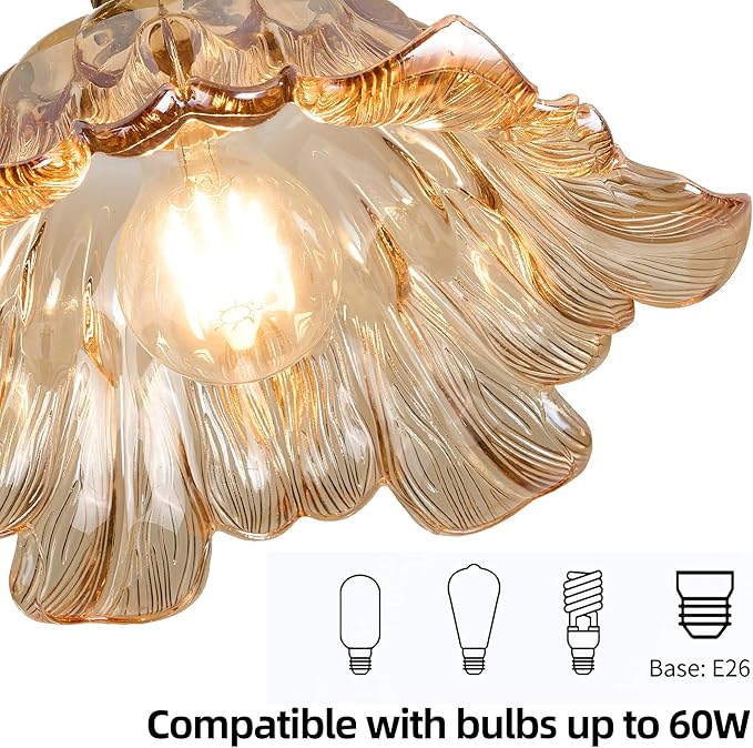2 Pcs/Package Amber Glass Pendant Light Fixtures,Vintage/Antique Champagne Gold Pendant Lights Kitchen Island over Sink/Table,Orange Pendant Glass Chandelier for Bedroom Hotel Dining Room Hanging Down