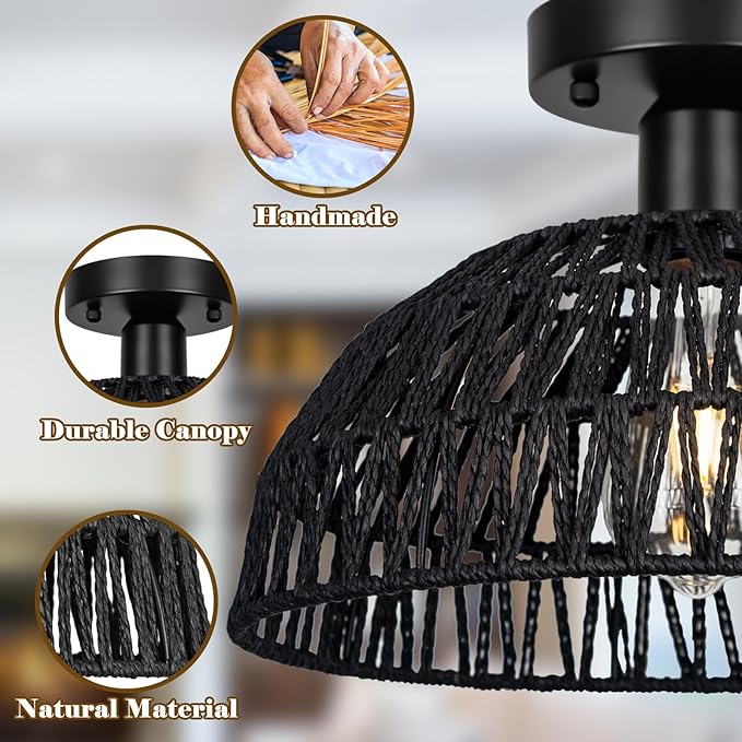 Rattan Ceiling Light Fixtures 2 Packs-Black Rustic Woven Basket Flush Mount Ceiling Light, Handmade Wicker Ceiling Lamp, Rattan Chandelier For Kitchen Island, Hallway, Living Room, Bedroom, E26 Base