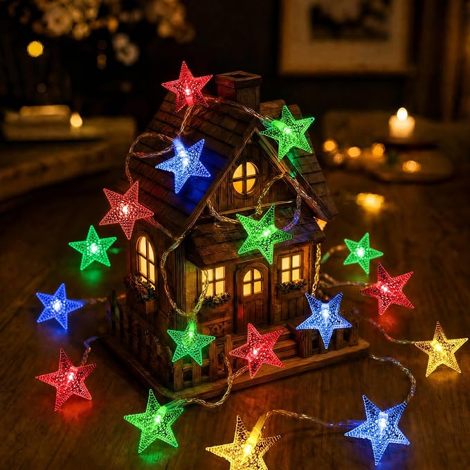 ITICdecor Star String Lights 15 FT 30 LED Fairy Christmas Light Battery Operated Indoor Outdoor Twinkle Lights Bedroom Decor for Party Wedding Xmas Tree (Multicolor)