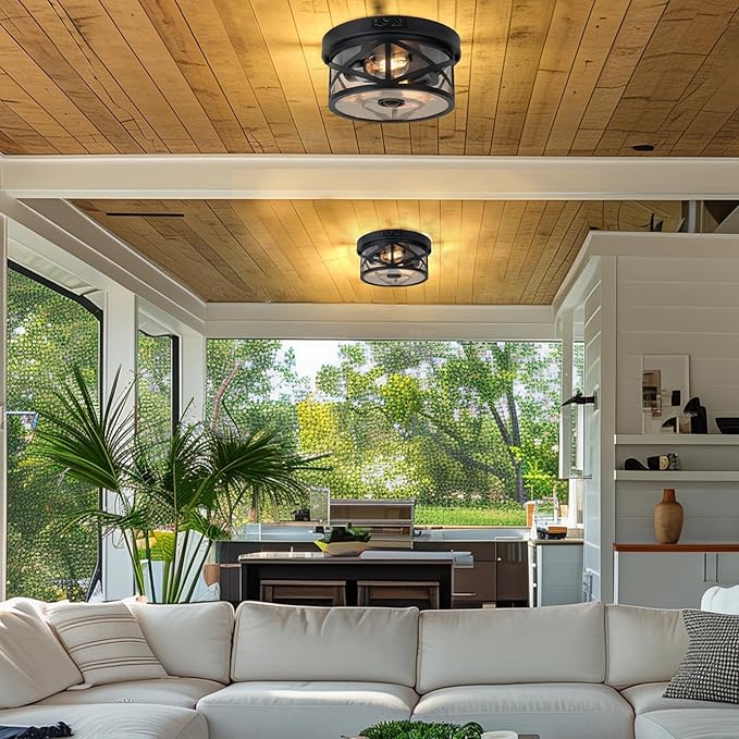 Motion Sensor Outdoor Ceiling Light, Adjustable Black Flush Mount Light Fixture, 2-Light Porch Lights Outdoor, Clear Glass Industrial Exterior Ceiling Lights for Patio, Garage, Entryway, Farmhouse