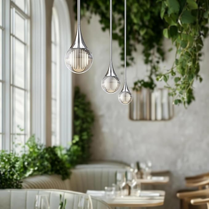 2-Pendant Lights Kitchen Island, Chrome Silver Globe Crystal Ceiling Hanging Light Fxitures, LED Light Fixtures Metal Rod Ceiling Glass Pendant Lighting for Kitchen Island Dining Room Bar