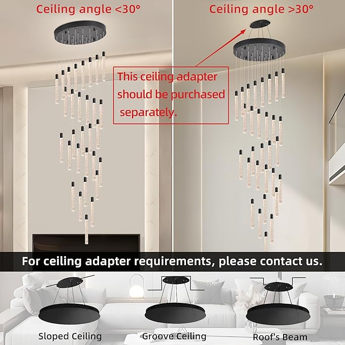 30-Light Black High Ceiling Chandeliers Modern Crystal Chandeliers for Entryway Long Spiral LED Dimmable Chandelier Flush Mount Ceiling Staircase Foyer Living Room Ceilings Light Fixture