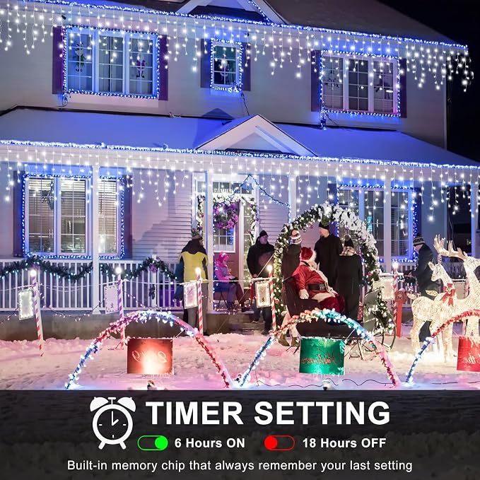 Icicle Christmas Lights Outdoor - 16.5FT 200 LED Icicle Lights for Outside Waterproof with 8 Modes, Connectable Curtain String Light for Bedroom House Party Wedding Holiday Decorations, Cool White