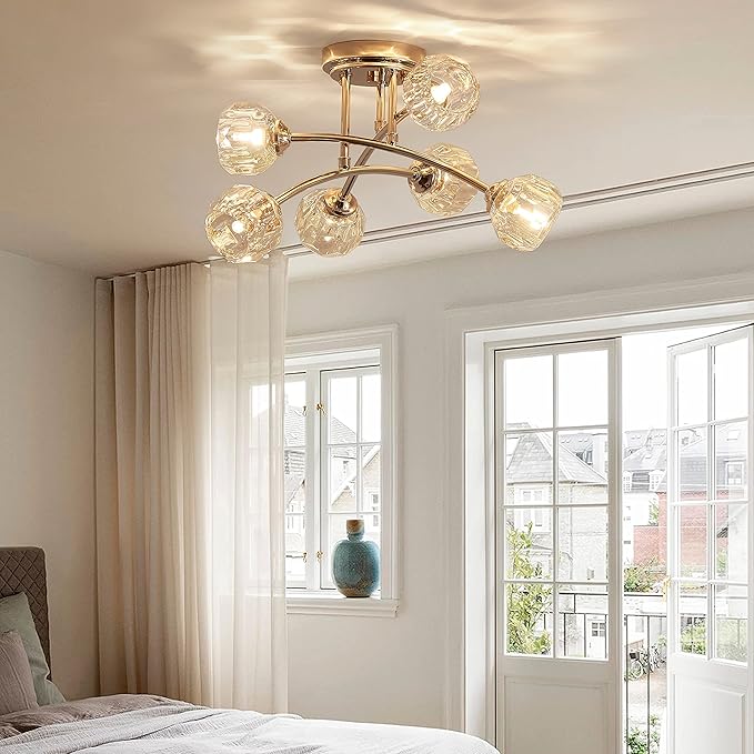 AGV LIGHTING Modern Spuntnik Crystal Ceiling Light Fixture, Semi Flush Mount Ceiling Light, G9 Base 6-Lights, D16 x H10, Clear Crystal & Shining Gold Finish Metal Frame