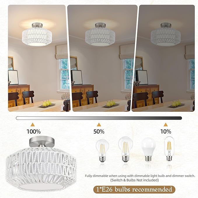 12.6 inch White Rattan Ceiling Light Fixture Boho Ceiling Light Hand-Woven Rattan Chandelier Fabric Shade Boho Chandelier for Dinning Room Kitchen (Bulb Incl.)