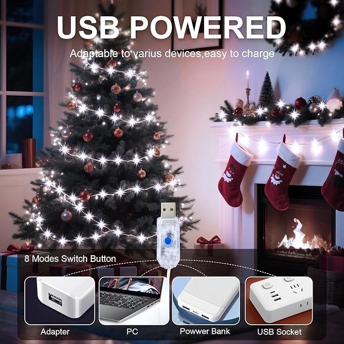 1Pack USB Plug in Fairy String Lights,16ft 50 LED Copper with Remote and Timer, 8 Modes Waterproof Twinkle String Lights Battery Powered for Bedroom Indoor Party Wedding Christmas Decoration