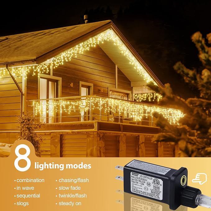 300L LED Icicle Lights, Warm White Window Curtain Lights,8 Modes with 30V Plug in for Wedding, Party, Bedroom, Home, Garden, Outdoor, Indoor Wall,Christmas Decorations,Connectable(Warm White)